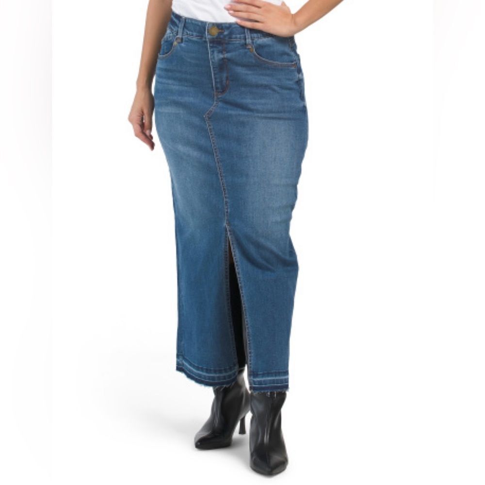 Democracy Skyrise Uneven Yoke Ab Solution Front Slit Release Hem Denim Skirt
